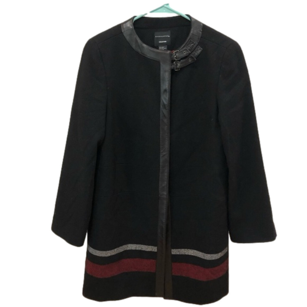 KNEE length wool blend coat with leather trim from Doncaster Collection. Size 12